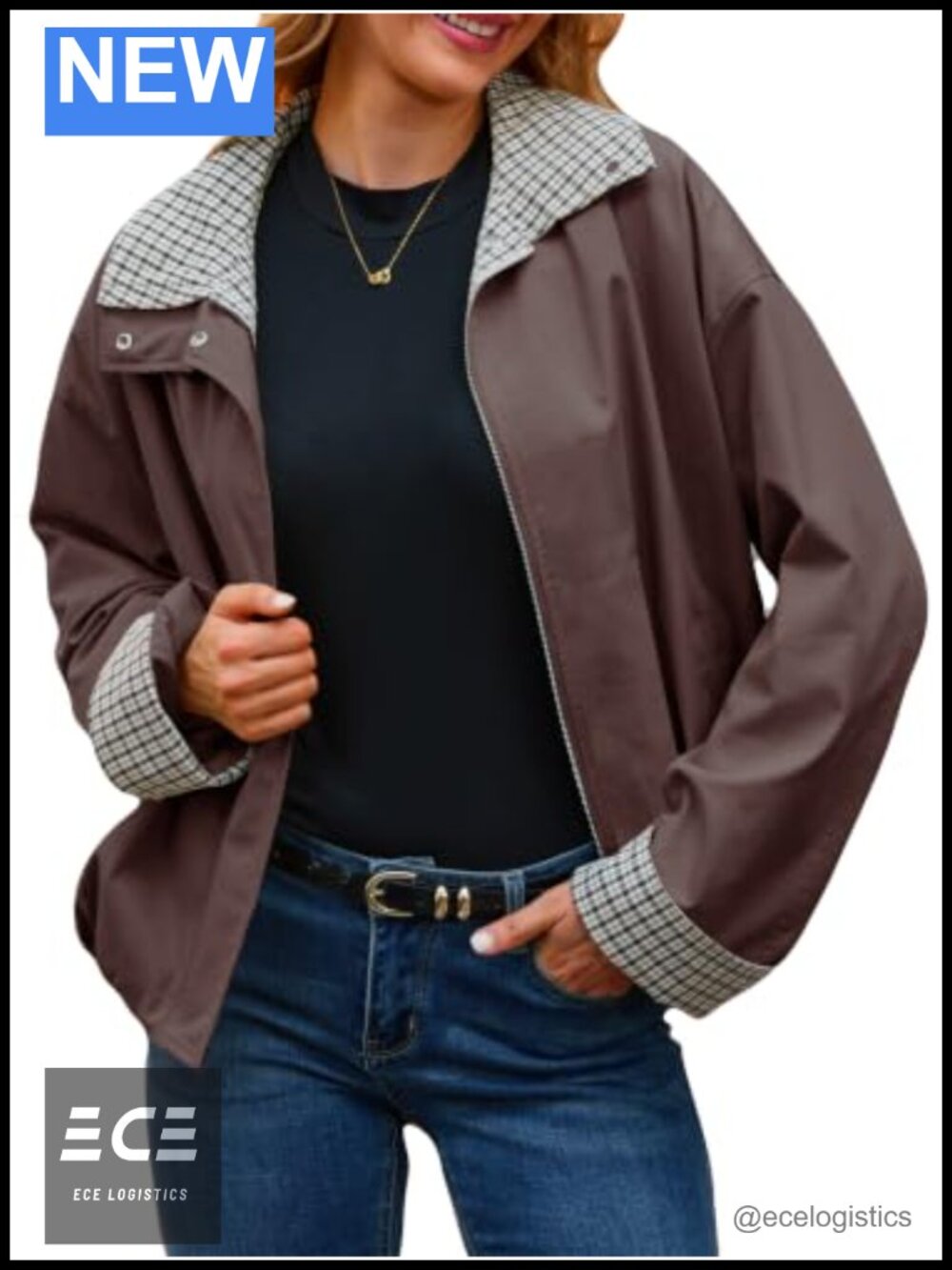 Women Lightweight Plaid Cropped Trench Coat Zip Button Stand Collar Casual